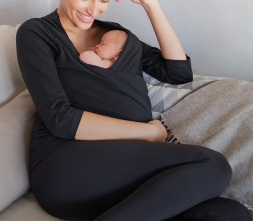 Seraphine Black Skin-to-Skin Jersey Maternity Wrap Top Nursing Minimalist SZ 14